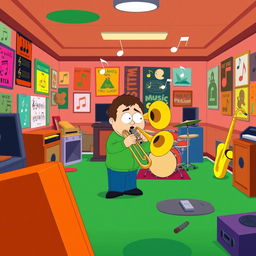 A cartoonish depiction of a lively music room in a South Park-style animation