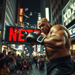 A powerful, dynamic scene featuring Mike Tyson in a boxing stance, delivering a punch that shatters a large Netflix sign