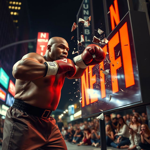 A powerful, dynamic scene featuring Mike Tyson in a boxing stance, delivering a punch that shatters a large Netflix sign