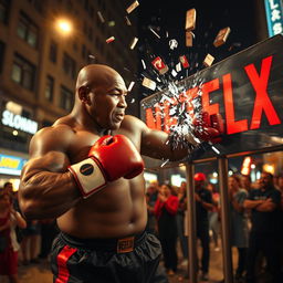 A powerful, dynamic scene featuring Mike Tyson in a boxing stance, delivering a punch that shatters a large Netflix sign