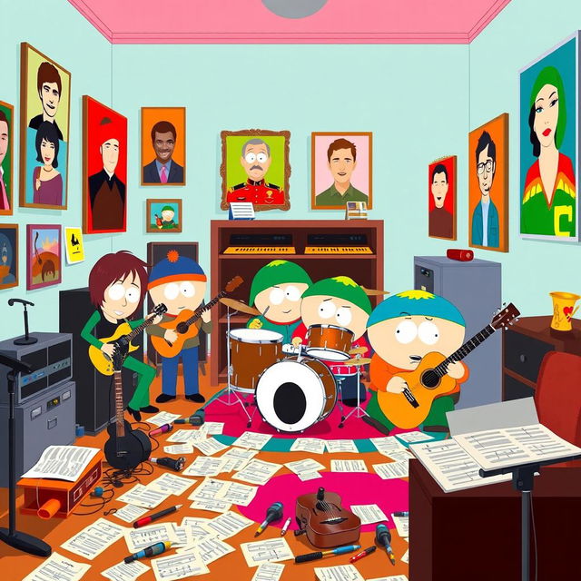 A vibrant and humorous scene set inside a South Park-style music room