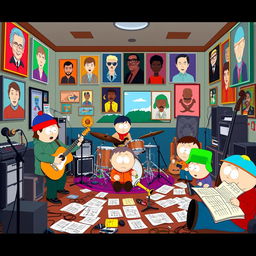 A vibrant and humorous scene set inside a South Park-style music room