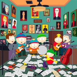 A vibrant and humorous scene set inside a South Park-style music room