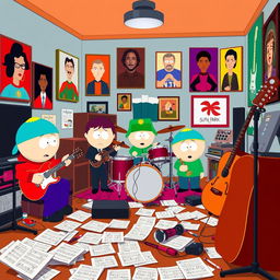 A vibrant and humorous scene set inside a South Park-style music room