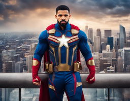 Raw 200mm photograph of Drake dressed as a Marvel superhero against a blurred cityscape background.