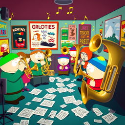 A colorful and humorous South Park-style music room filled with various brass instruments