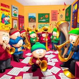 A colorful and humorous South Park-style music room filled with various brass instruments