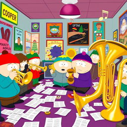 A colorful and humorous South Park-style music room filled with various brass instruments