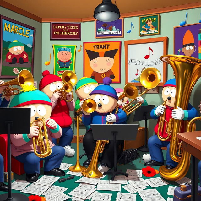 A colorful and humorous South Park-style music room filled with various brass instruments