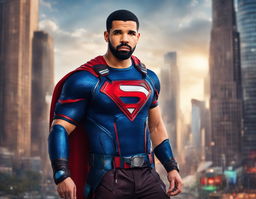 Raw 200mm photograph of Drake dressed as a Marvel superhero against a blurred cityscape background.