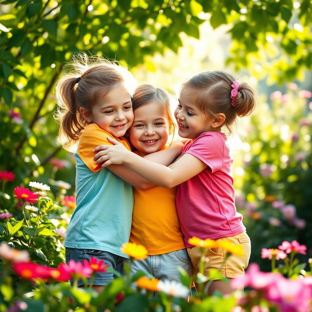 A very realistic and heartwarming scene of two little girls hugging in a lush garden