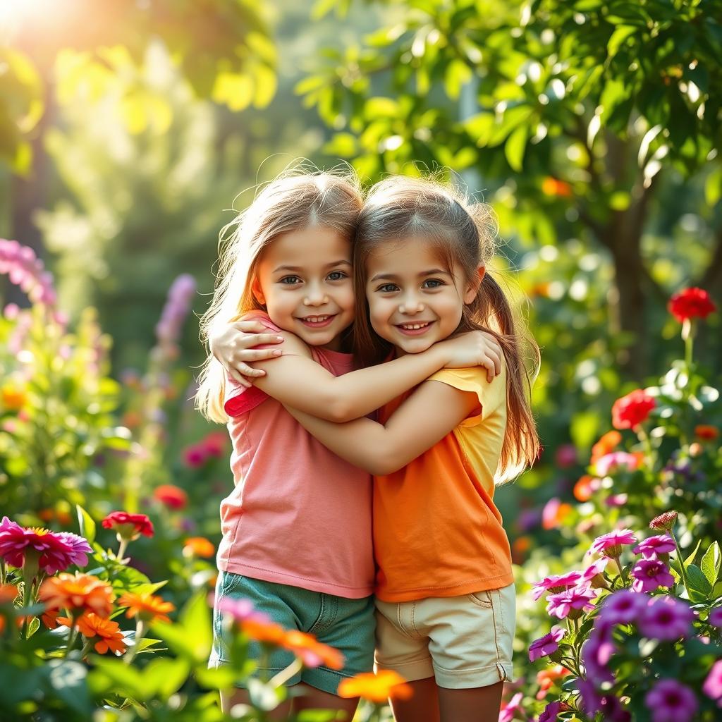 A very realistic and heartwarming scene of two little girls hugging in a lush garden