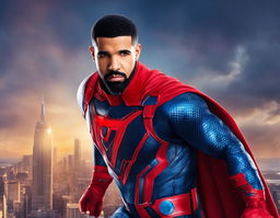 Raw 200mm photograph of Drake dressed as a Marvel superhero against a blurred cityscape background.