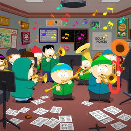 A whimsical scene depicting South Park-style characters engaging with various brass instruments