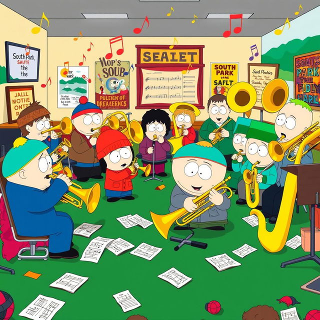 A whimsical scene depicting South Park-style characters engaging with various brass instruments