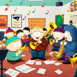 A whimsical scene depicting South Park-style characters engaging with various brass instruments