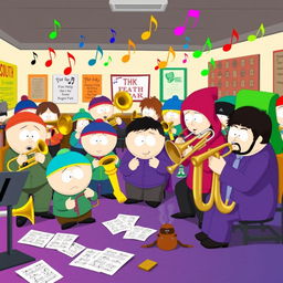 A whimsical scene depicting South Park-style characters engaging with various brass instruments
