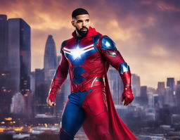 Raw 200mm photograph of Drake dressed as a Marvel superhero against a blurred cityscape background.