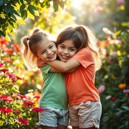 A very realistic and heartwarming scene of two little girls hugging in a lush garden, showcasing their innocent friendship