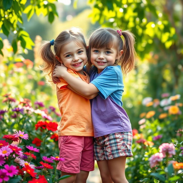 A very realistic and heartwarming scene of two little girls hugging in a lush garden, showcasing their innocent friendship