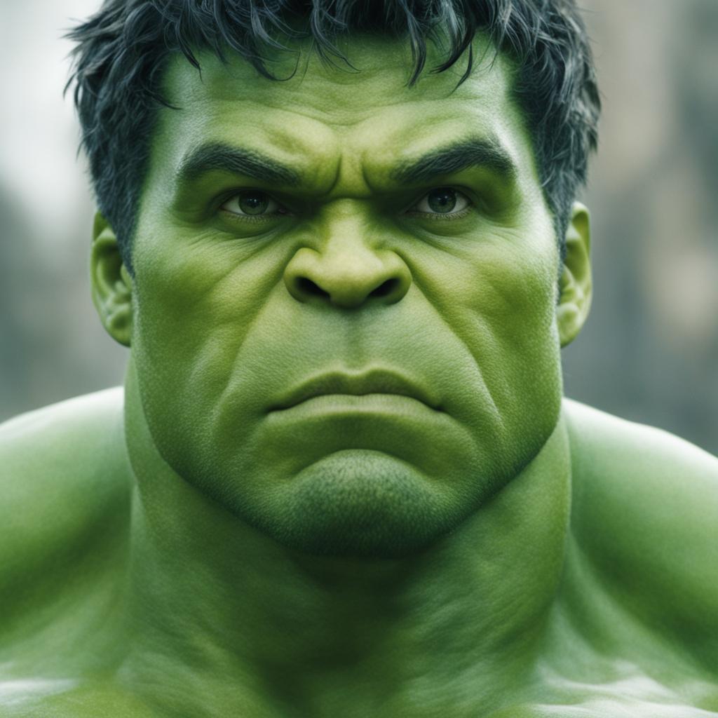 A raw 200mm photograph of Marvel's Hulk in close-up detail, showcasing his green skin, intense eyes, and muscular physique against a blurred background