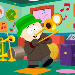 A whimsical scene depicting Kyle from South Park playing a trombone in a colorful music room