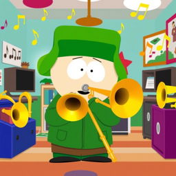 A whimsical scene depicting Kyle from South Park playing a trombone in a colorful music room