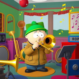 A whimsical scene depicting Kyle from South Park playing a trombone in a colorful music room