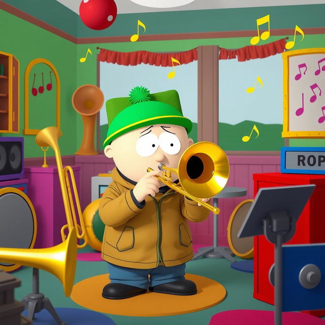 A whimsical scene depicting Kyle from South Park playing a trombone in a colorful music room