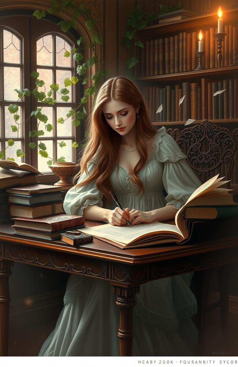 An ethereal and enchanting depiction of a romantic literary creation scene, showcasing a stunning young woman immersed in the process of writing poetry