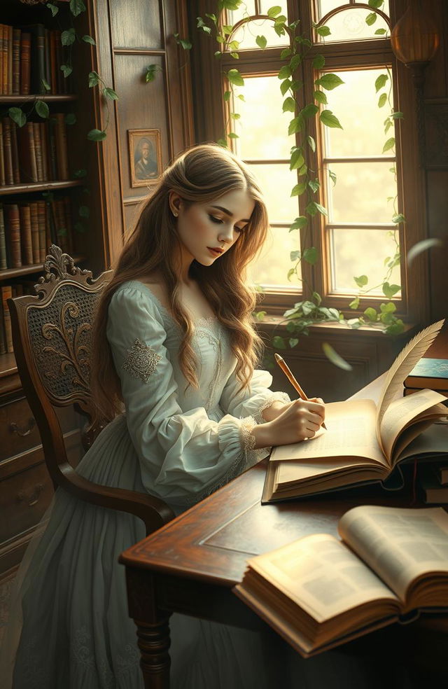 An ethereal and enchanting depiction of a romantic literary creation scene, showcasing a stunning young woman immersed in the process of writing poetry