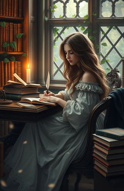 An ethereal and enchanting depiction of a romantic literary creation scene, showcasing a stunning young woman immersed in the process of writing poetry