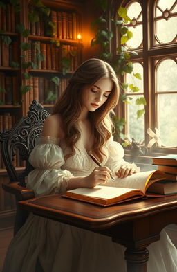 An ethereal and enchanting depiction of a romantic literary creation scene, showcasing a stunning young woman immersed in the process of writing poetry