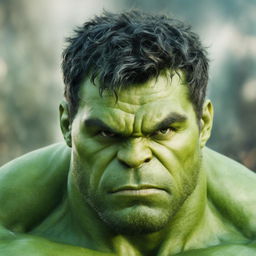 A raw 200mm photograph of Marvel's Hulk in close-up detail, showcasing his green skin, intense eyes, and muscular physique against a blurred background