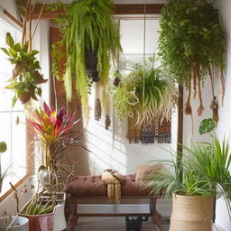 A bohemian style room filled with a variety of lush, vibrant plants, designed in a simple and cute way.