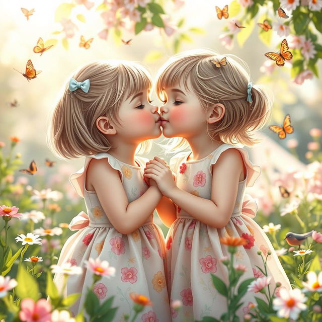 A heartwarming scene featuring two young girls exchanging an innocent kiss on the cheek, captured in a soft, pastel-colored garden filled with blooming flowers