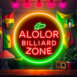 A vibrant neon logo design featuring ALOLOR BILLIARD ZONE prominently at the top, illuminated in eye-catching colors