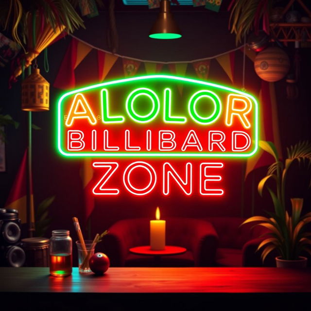 A vibrant neon logo design featuring ALOLOR BILLIARD ZONE prominently at the top, illuminated in eye-catching colors