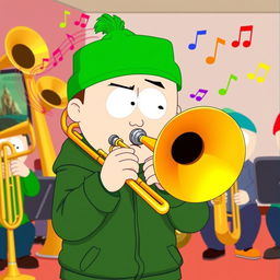 A lively scene featuring Kyle from South Park playing a brass trombone, illustrated in the classic South Park animation style