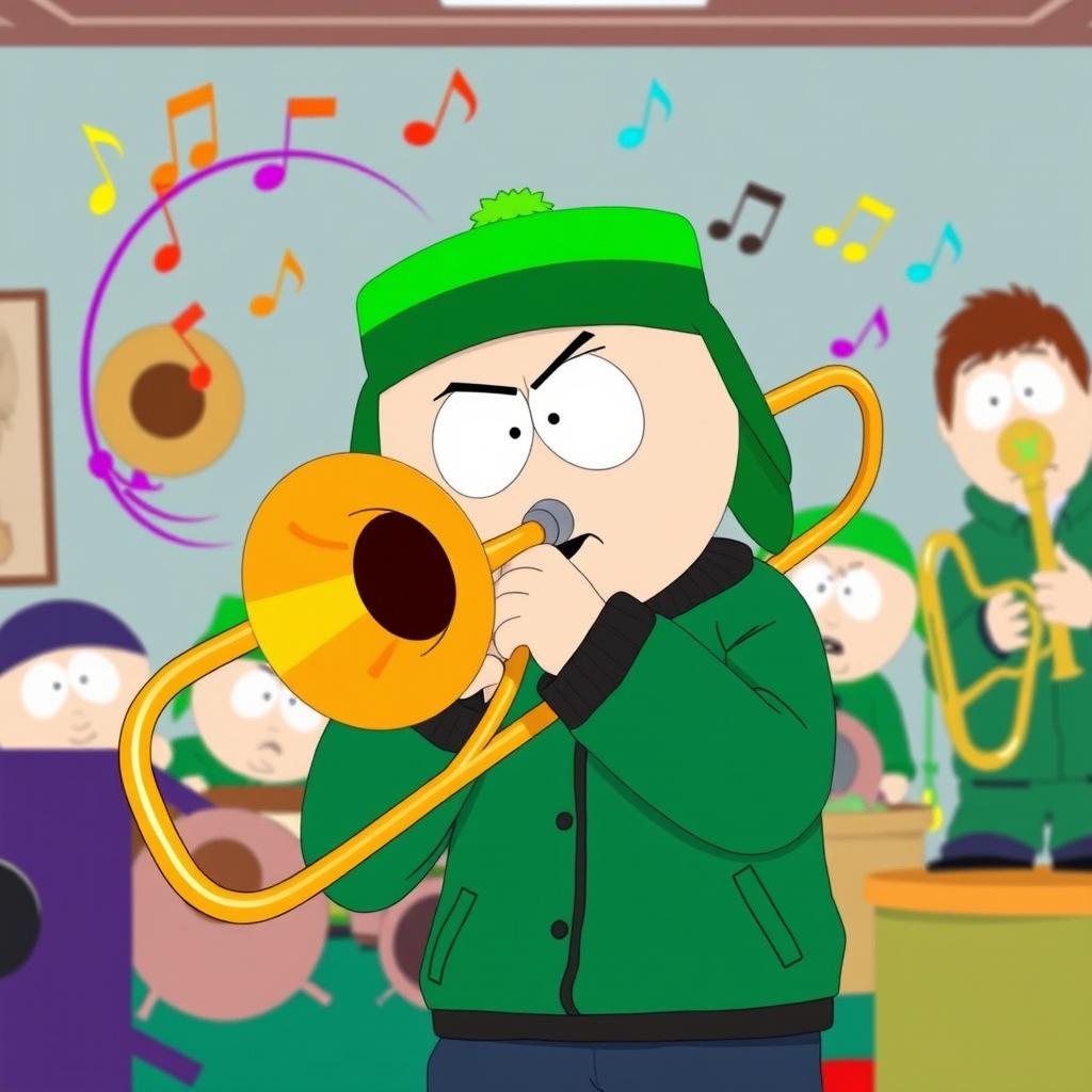 A lively scene featuring Kyle from South Park playing a brass trombone, illustrated in the classic South Park animation style