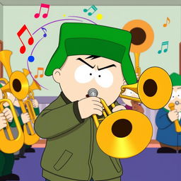 A lively scene featuring Kyle from South Park playing a brass trombone, illustrated in the classic South Park animation style