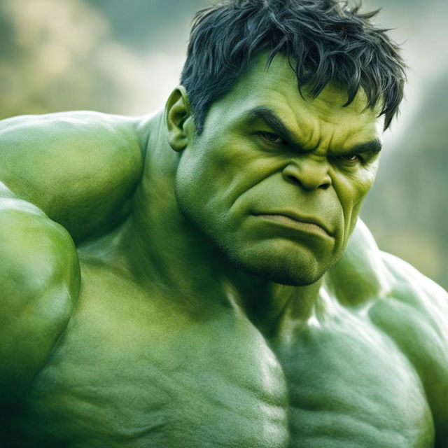 A raw 200mm photograph of Marvel's Hulk in close-up detail, showcasing his green skin, intense eyes, and muscular physique against a blurred background