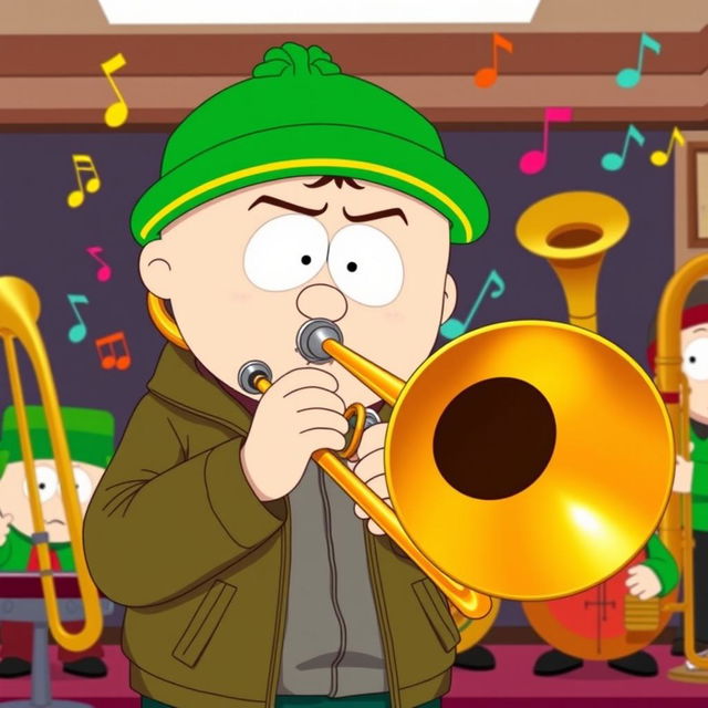 A lively scene featuring Kyle from South Park playing a brass trombone, illustrated in the classic South Park animation style