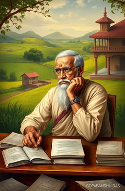 A serene portrait of Gopabandhu Das, the celebrated Odia poet, depicted in a thoughtful pose reflecting his literary genius