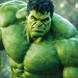 A raw 200mm photograph of Marvel's Hulk in close-up detail, showcasing his green skin, intense eyes, and muscular physique against a blurred background