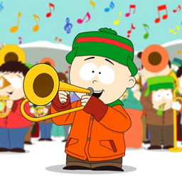 A lively illustration of Kyle Broflovski from South Park enthusiastically playing a brass trombone