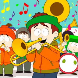 A lively illustration of Kyle Broflovski from South Park enthusiastically playing a brass trombone