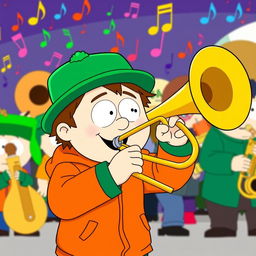 A lively illustration of Kyle Broflovski from South Park enthusiastically playing a brass trombone