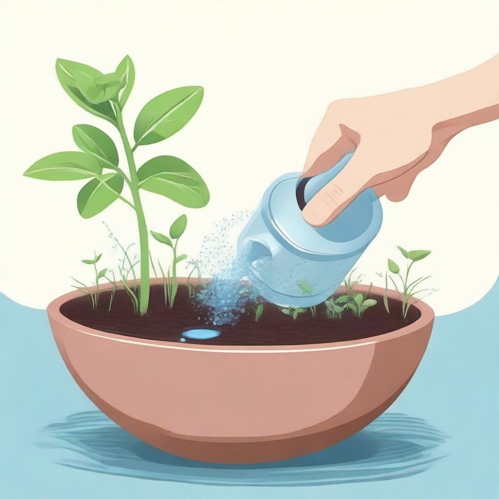 A detailed depiction of hands gently watering seedlings, struggling to scoop water