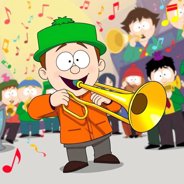 A lively illustration of Kyle Broflovski from South Park enthusiastically playing a brass trombone